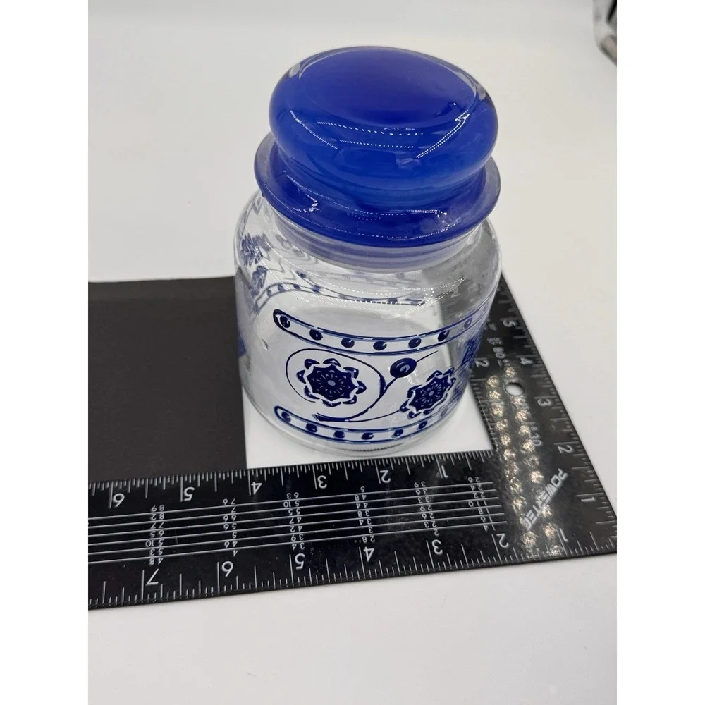 Anchor Hocking Glass Pietro Gobeo Set Of 3 Blue Kitchen Canister Flower 1970s